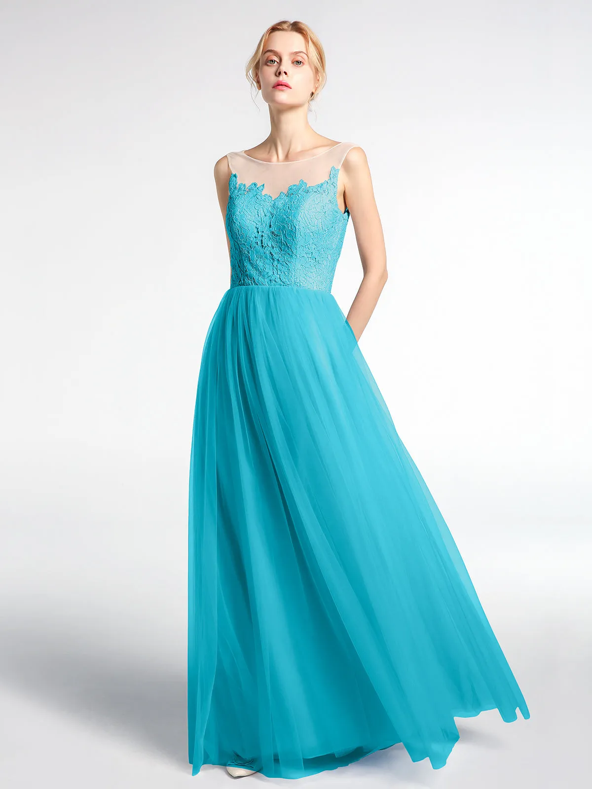 Illusion Neckline Lace and Tulle Maxi Dress-Jade