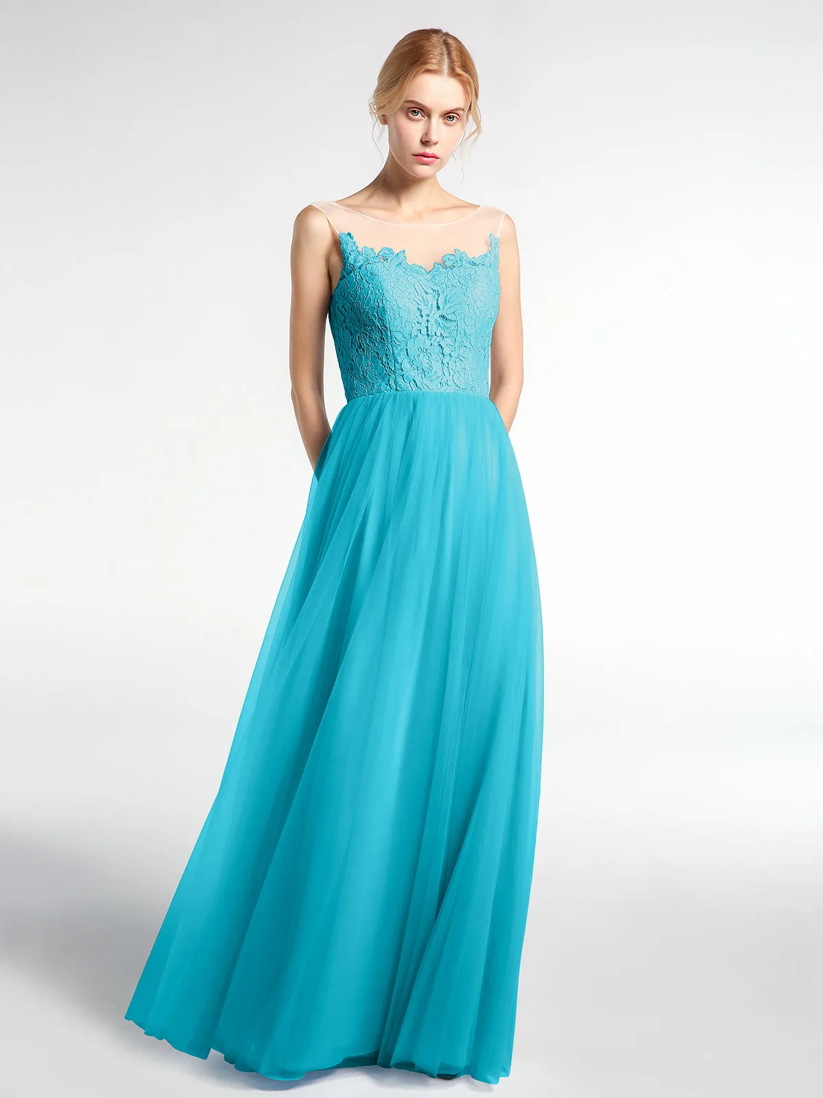 Illusion Neckline Lace and Tulle Maxi Dress-Jade