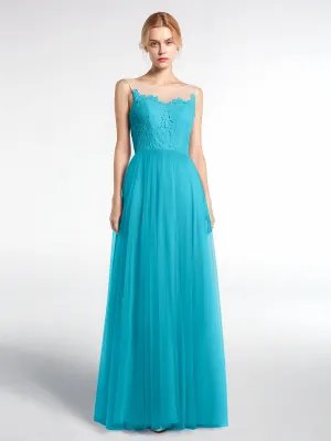 Illusion Neckline Lace and Tulle Maxi Dress-Jade
