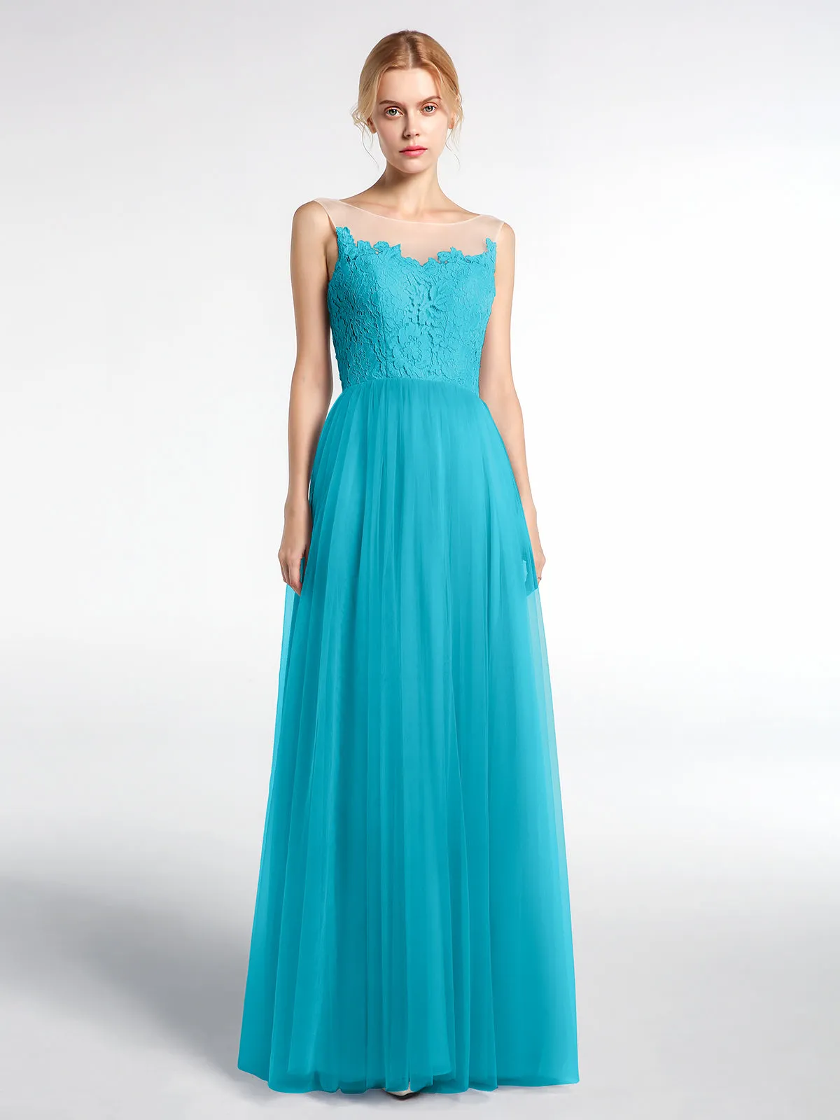Illusion Neckline Lace and Tulle Maxi Dress-Jade