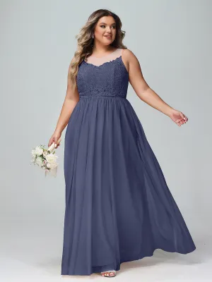 Illusion Neckline Lace and Tulle Maxi Dress-Stormy Plus Size