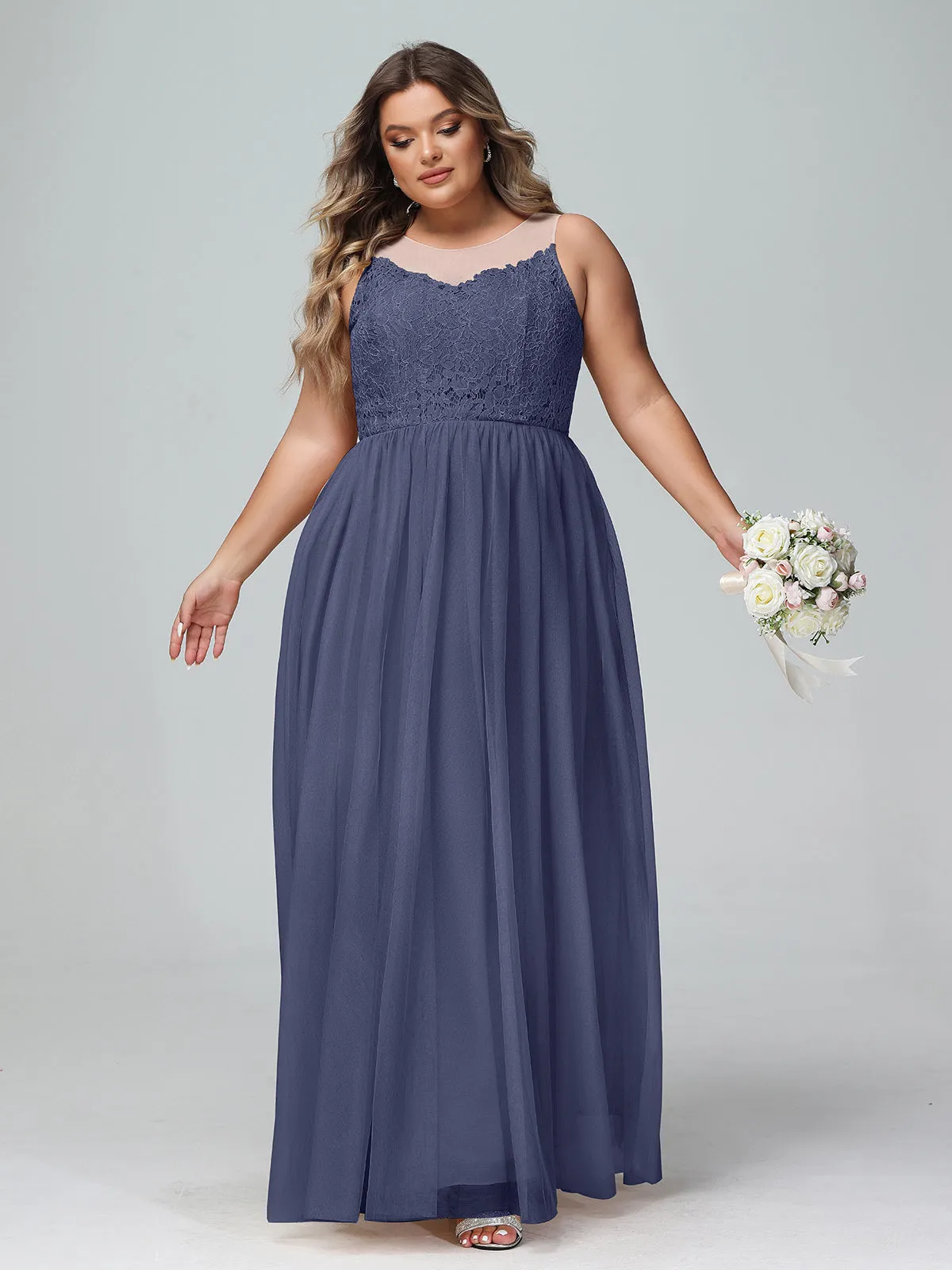 Illusion Neckline Lace and Tulle Maxi Dress-Stormy Plus Size