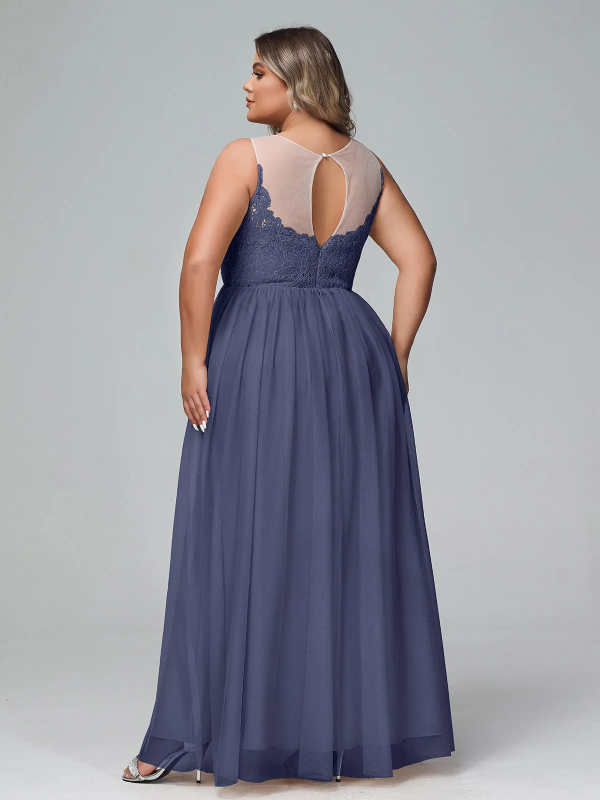 Illusion Neckline Lace and Tulle Maxi Dress-Stormy Plus Size