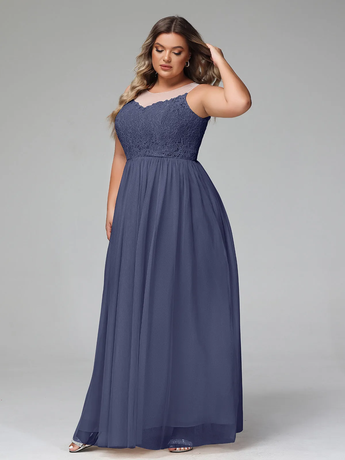 Illusion Neckline Lace and Tulle Maxi Dress-Stormy Plus Size