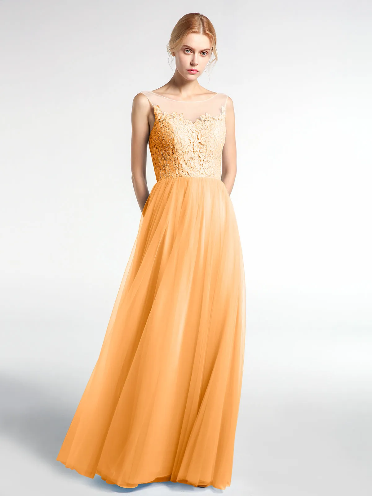 Illusion Neckline Lace and Tulle Maxi Dress-Tangerine