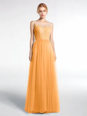 Illusion Neckline Lace and Tulle Maxi Dress-Tangerine