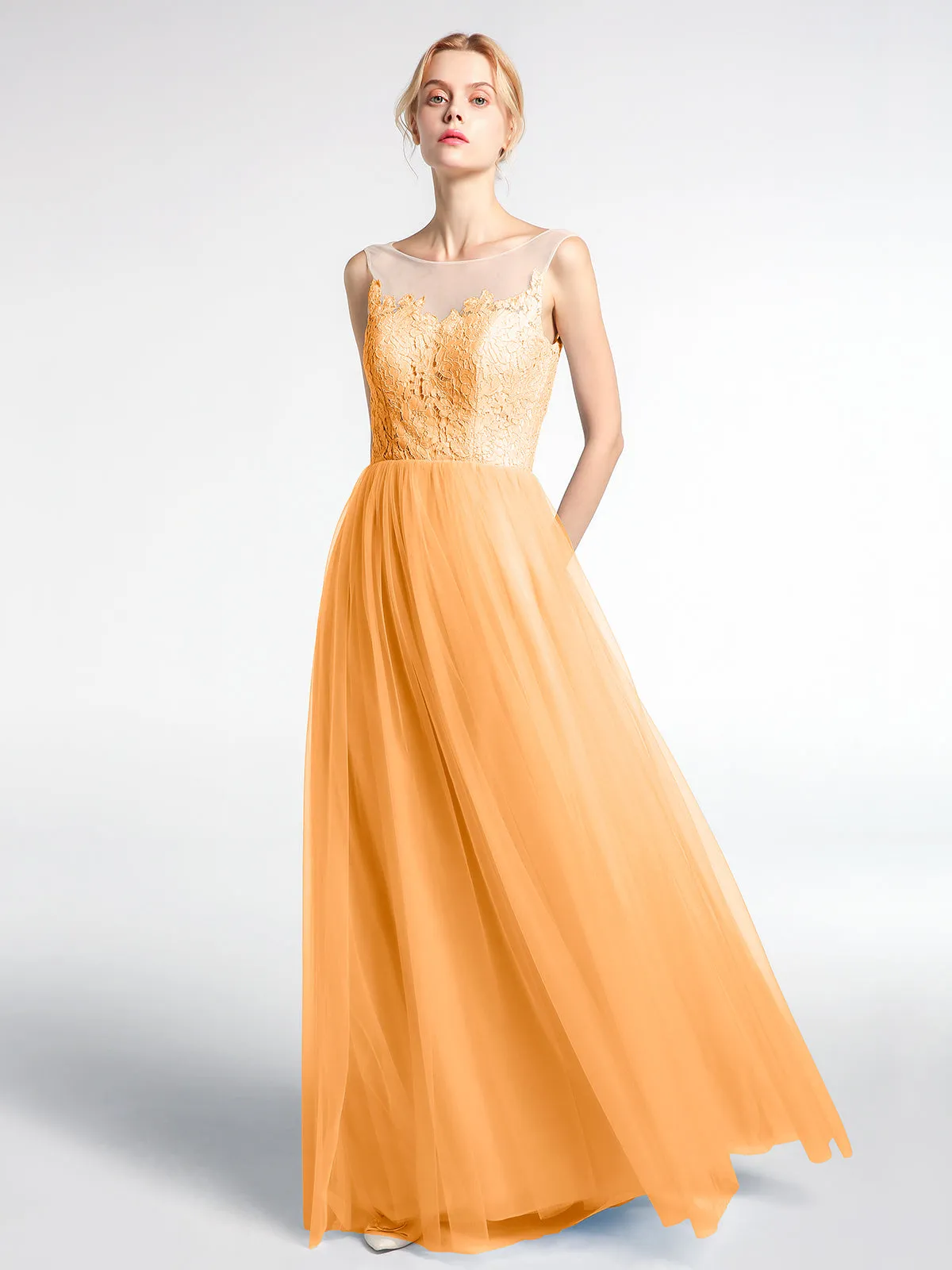 Illusion Neckline Lace and Tulle Maxi Dress-Tangerine