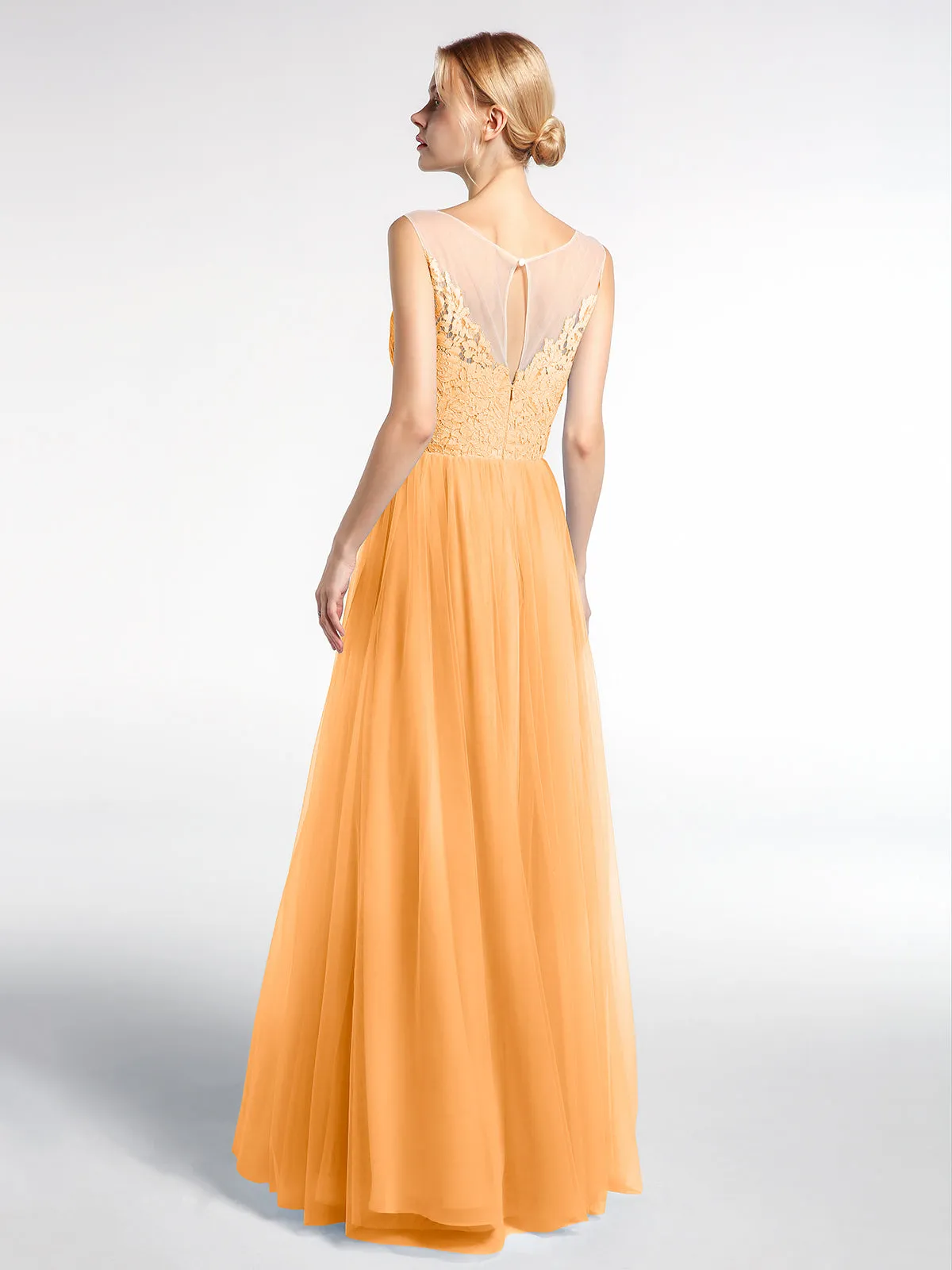 Illusion Neckline Lace and Tulle Maxi Dress-Tangerine