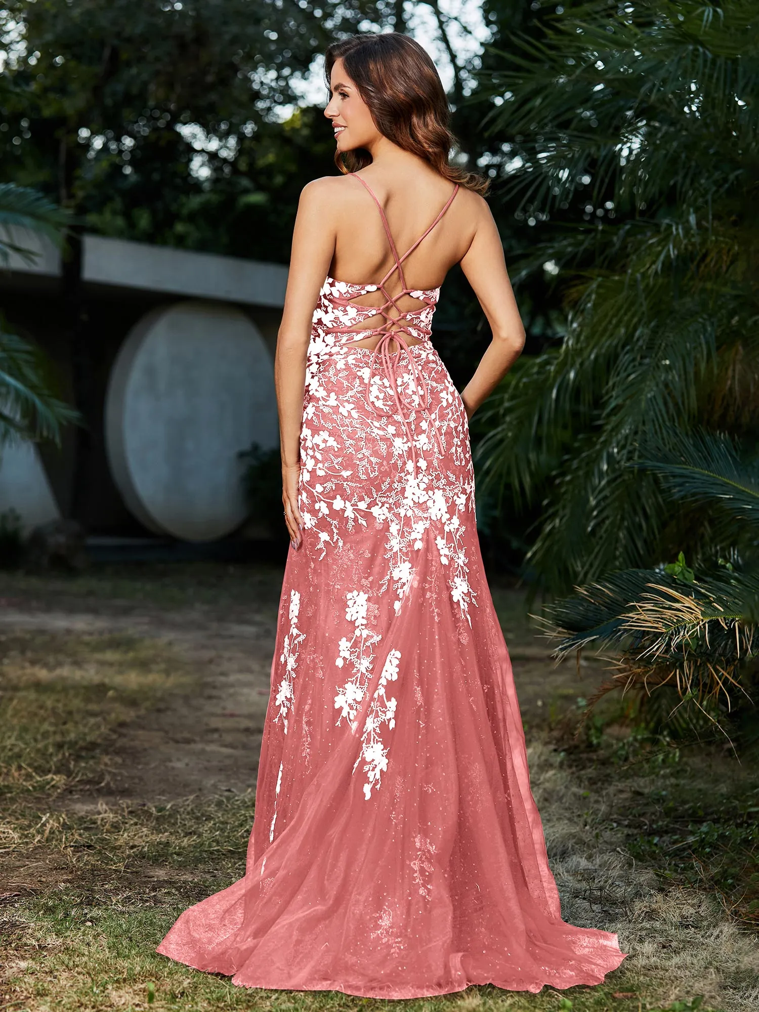 Lace Applique High Slit Fitted Tulle Dress Flamingo