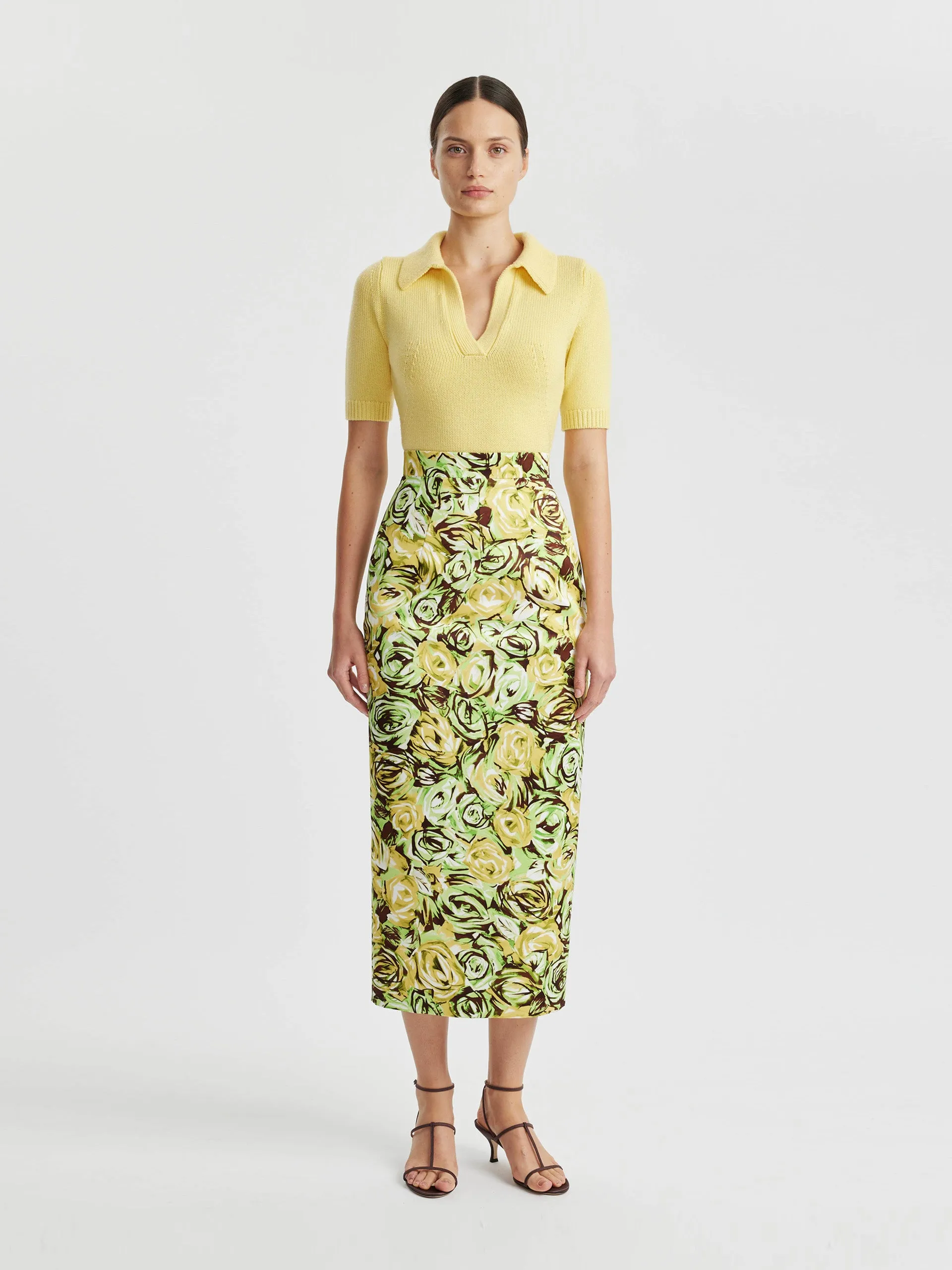 Lorelei skirt in abstract roses green & lemon twill