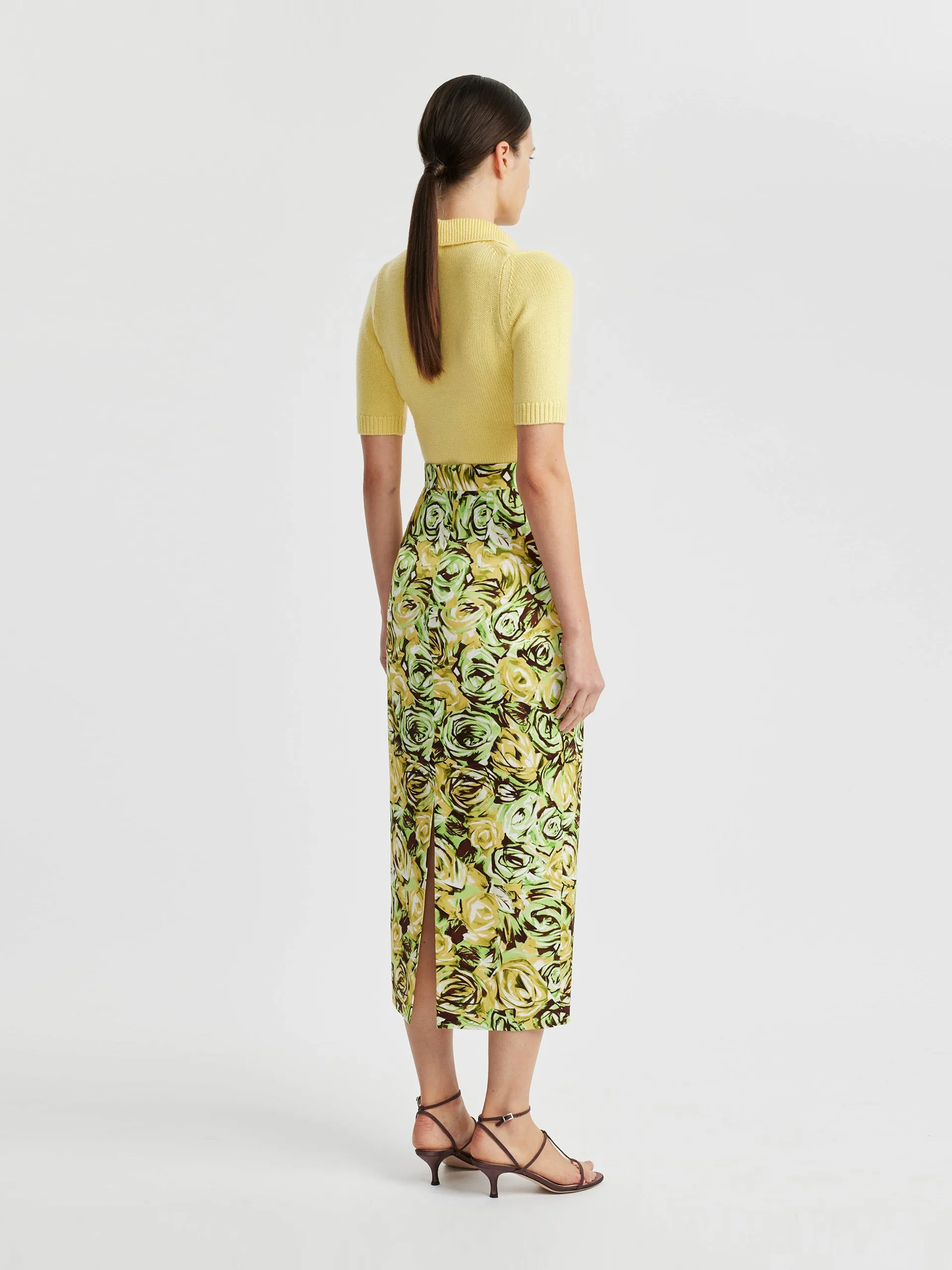 Lorelei skirt in abstract roses green & lemon twill