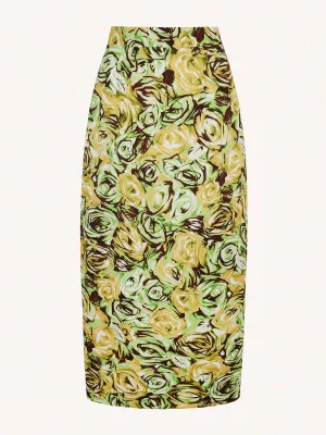 Lorelei skirt in abstract roses green & lemon twill