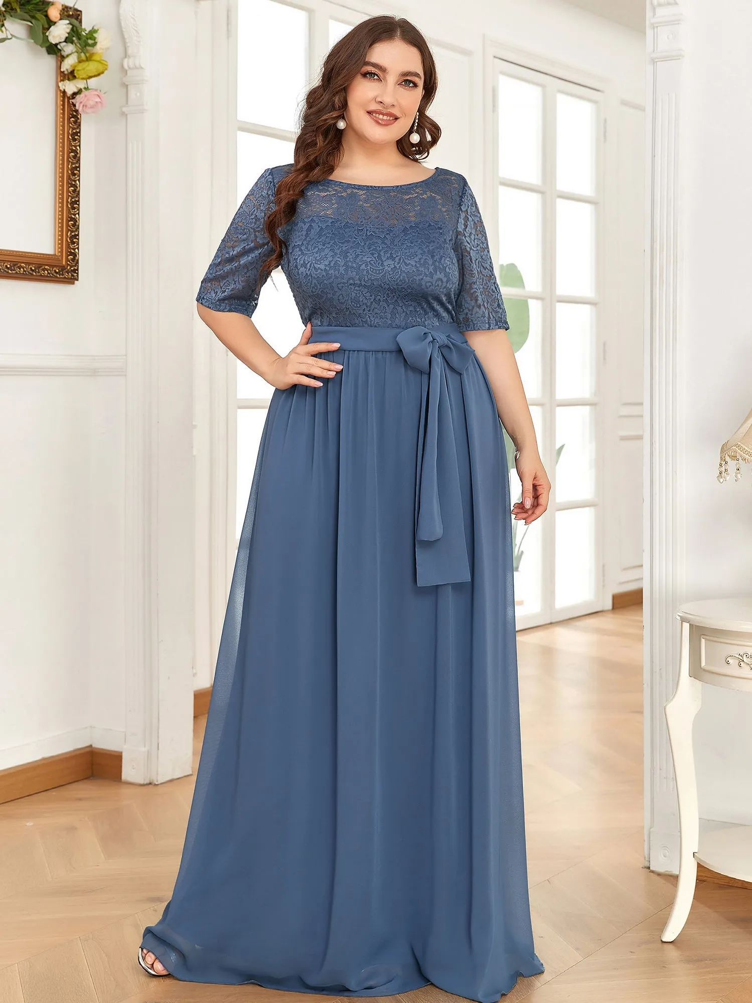 Maxi Long Lace Illusion Wholesale Plus Size Mother Of Bride Dresses EZ07624