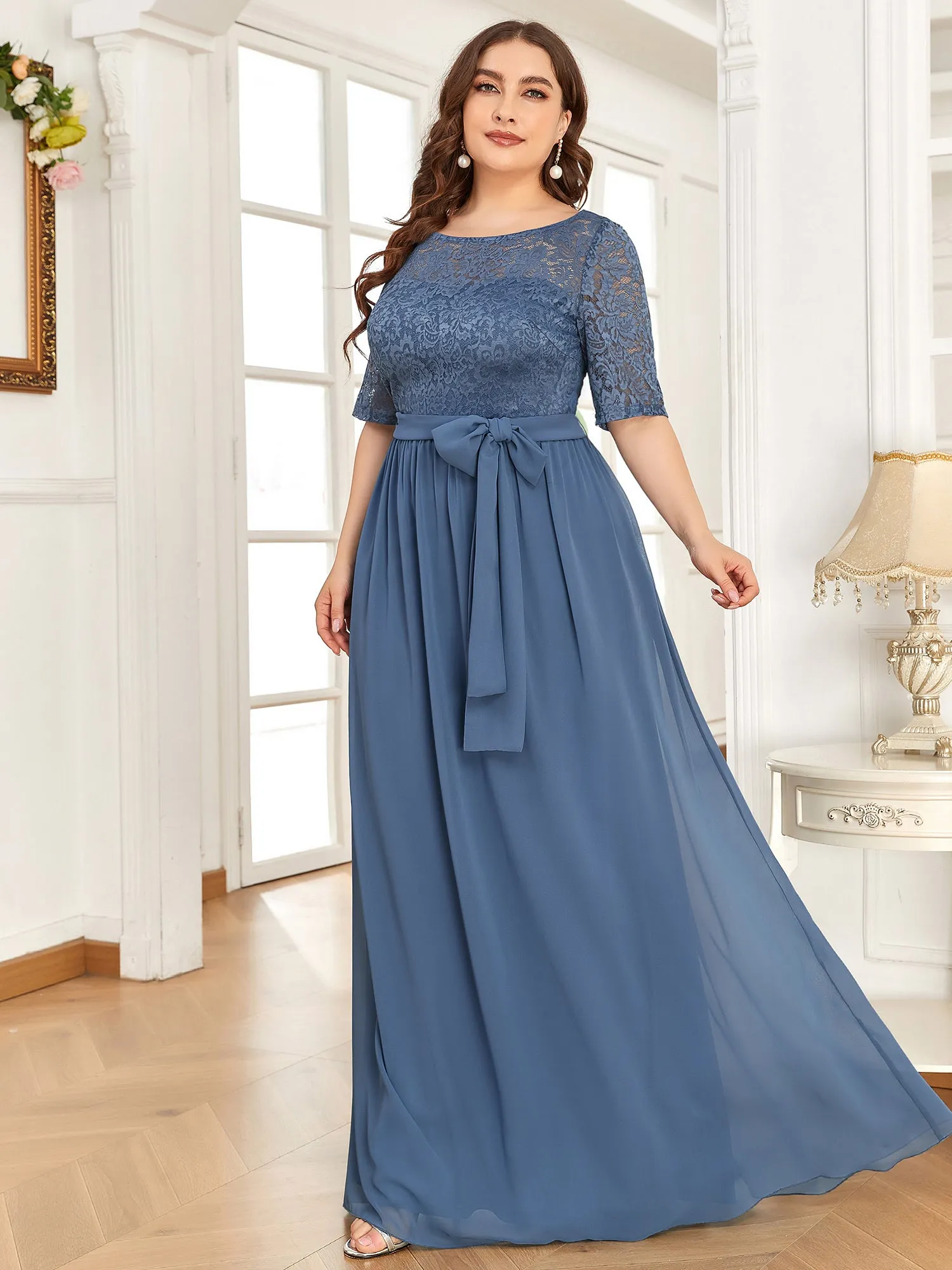 Maxi Long Lace Illusion Wholesale Plus Size Mother Of Bride Dresses EZ07624