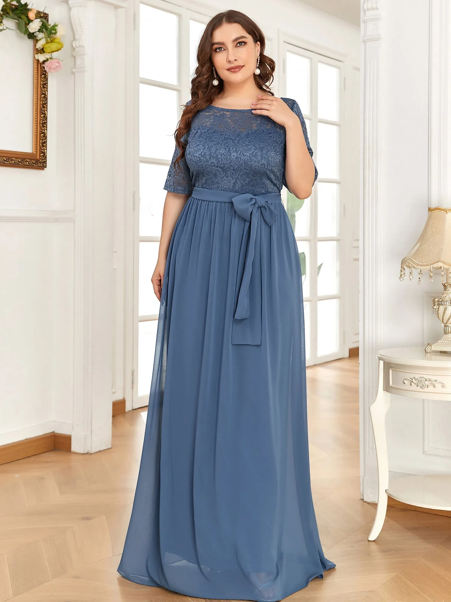 Maxi Long Lace Illusion Wholesale Plus Size Mother Of Bride Dresses EZ07624