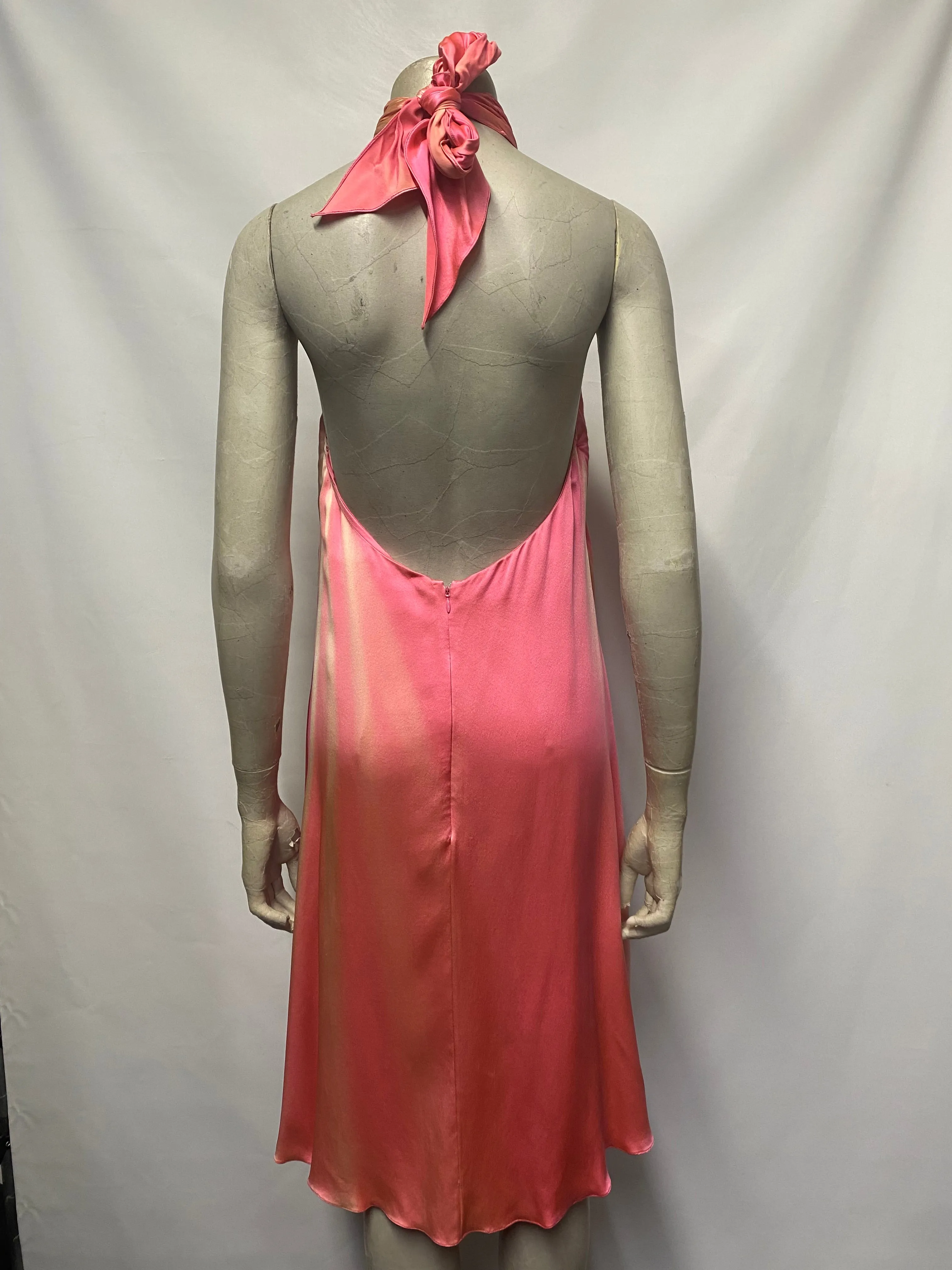 Patric Casey Rose Pink Silk Ruffled Backless Halterneck Midi Dress Size 10