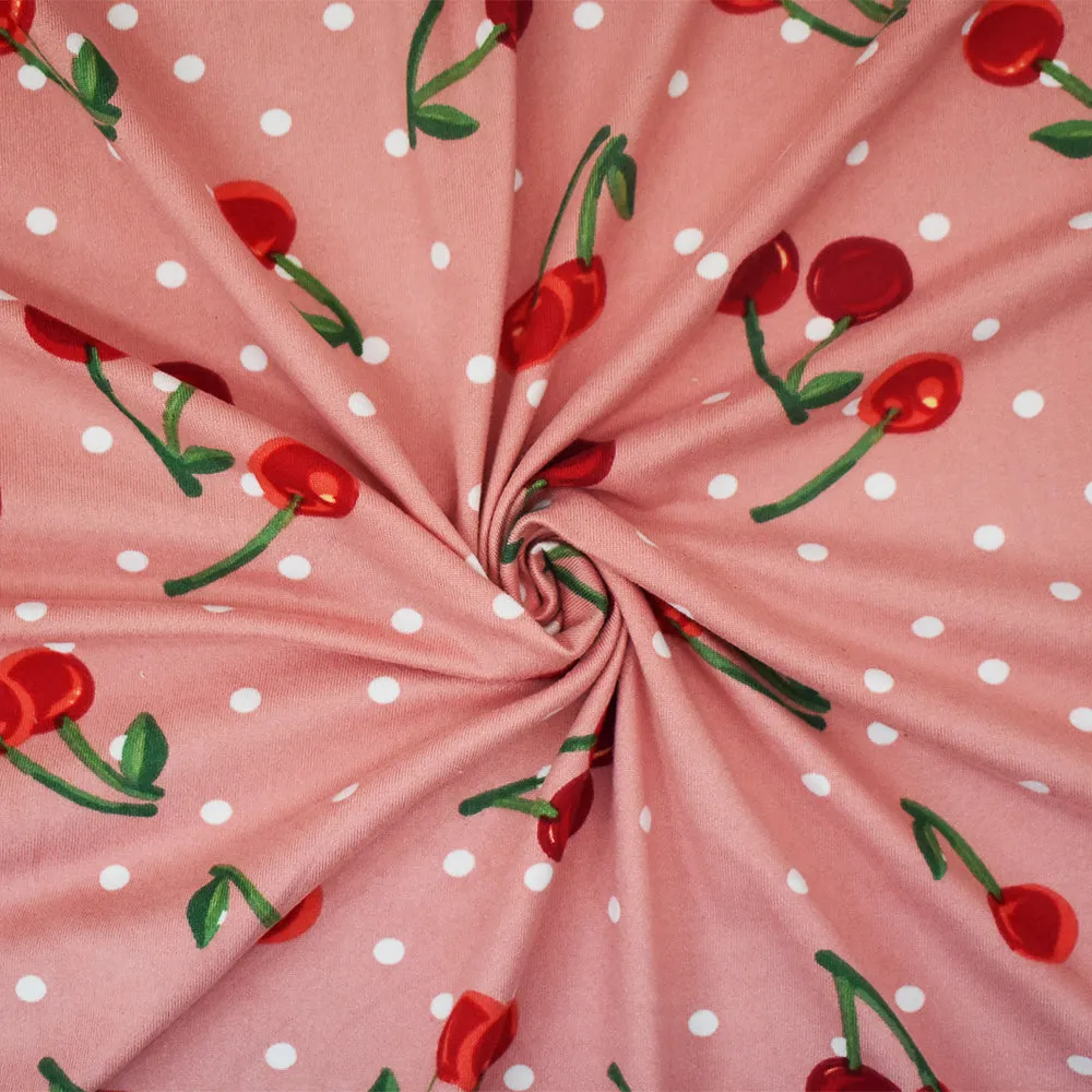Pink-Red-White Cherry Dot Printed Poly Stretch Double Brushed Knit Fabric