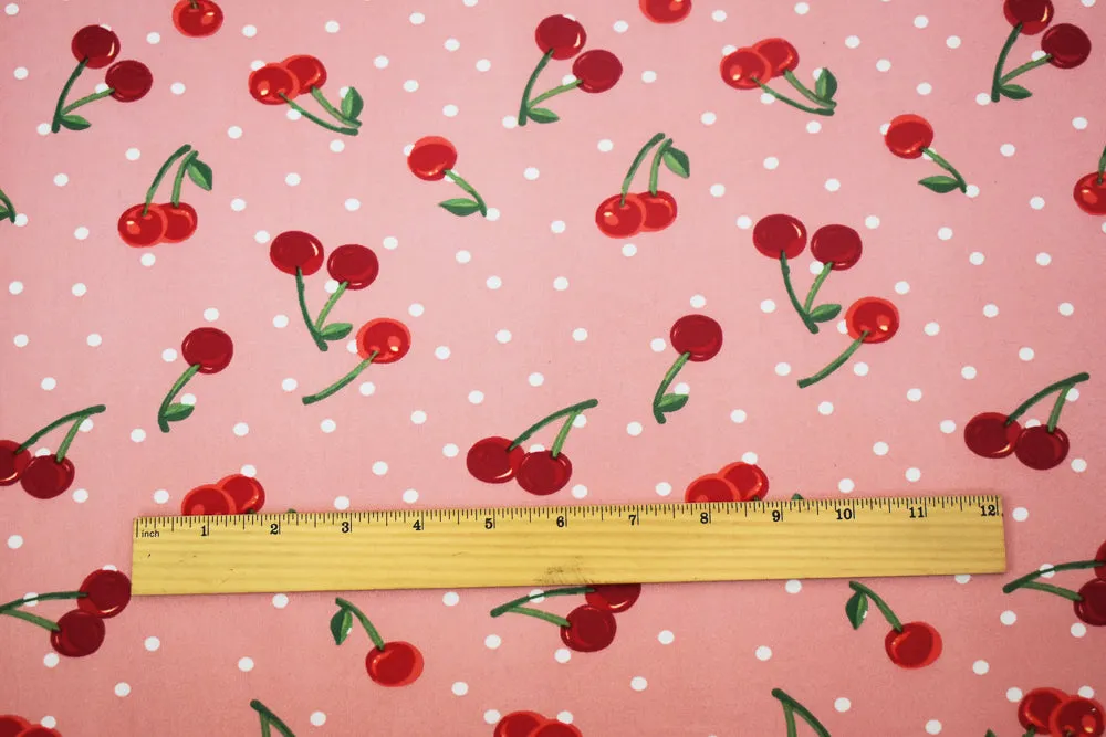 Pink-Red-White Cherry Dot Printed Poly Stretch Double Brushed Knit Fabric