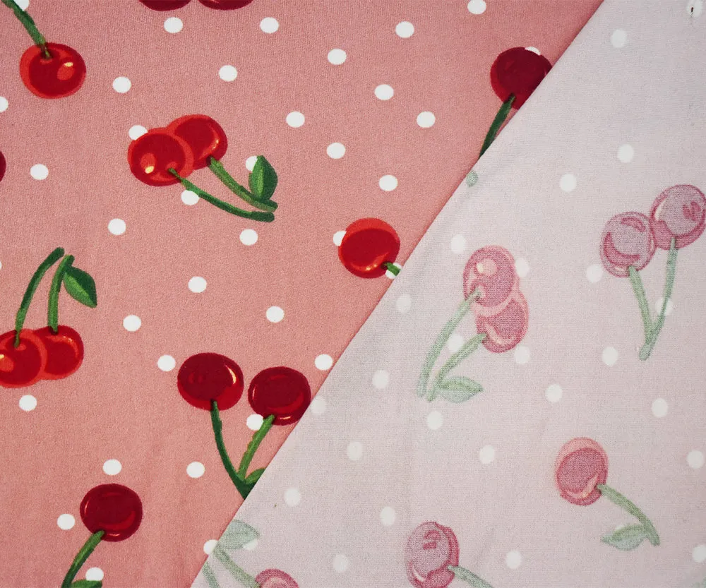 Pink-Red-White Cherry Dot Printed Poly Stretch Double Brushed Knit Fabric