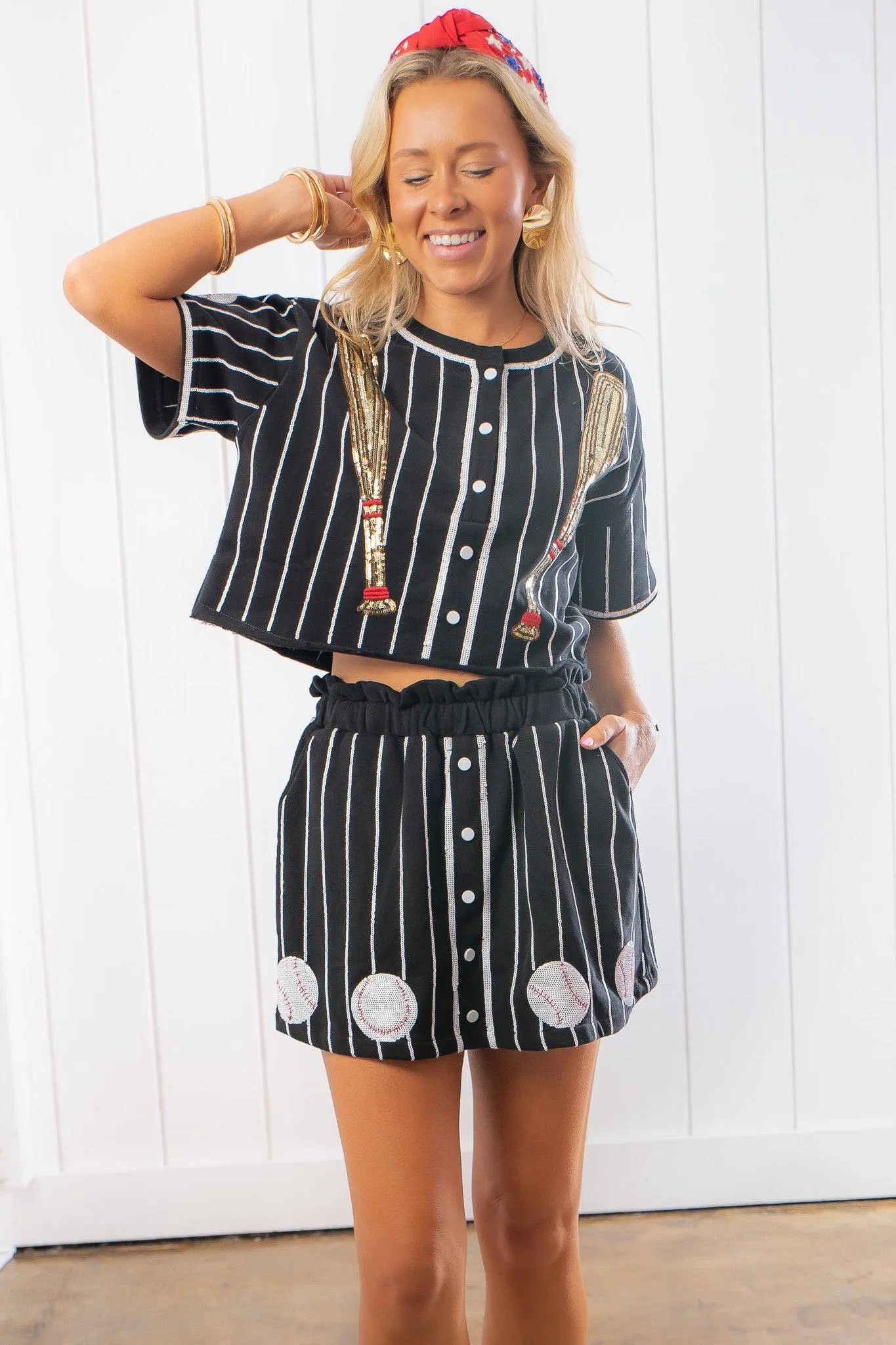 Queen of Sparkles Black & White Baseball Pinstripe Button Up Top