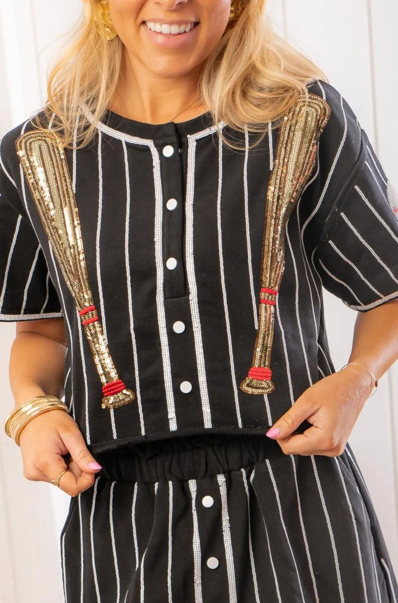 Queen of Sparkles Black & White Baseball Pinstripe Button Up Top
