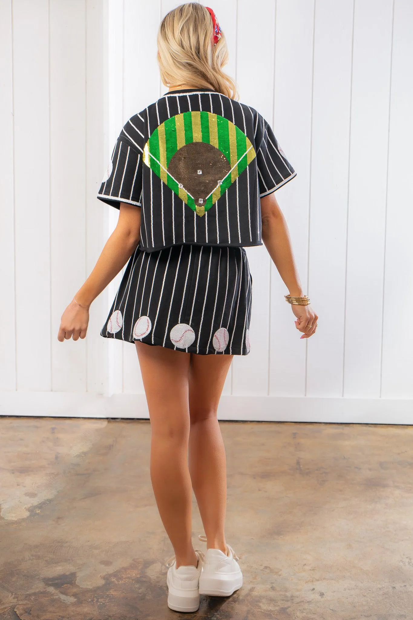 Queen of Sparkles Black & White Baseball Pinstripe Button Up Top