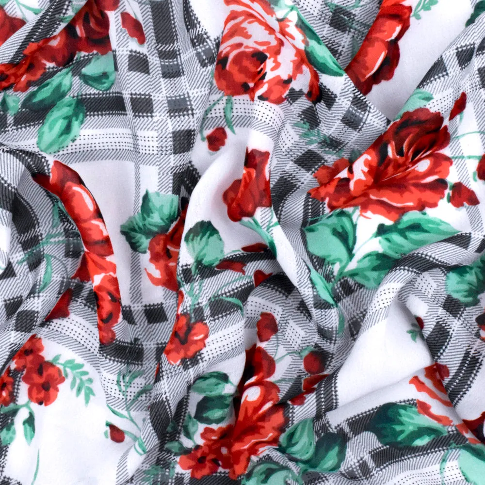 Red-Green-Multi Floral Plaid Printed Poly Chiffon Woven Fabric