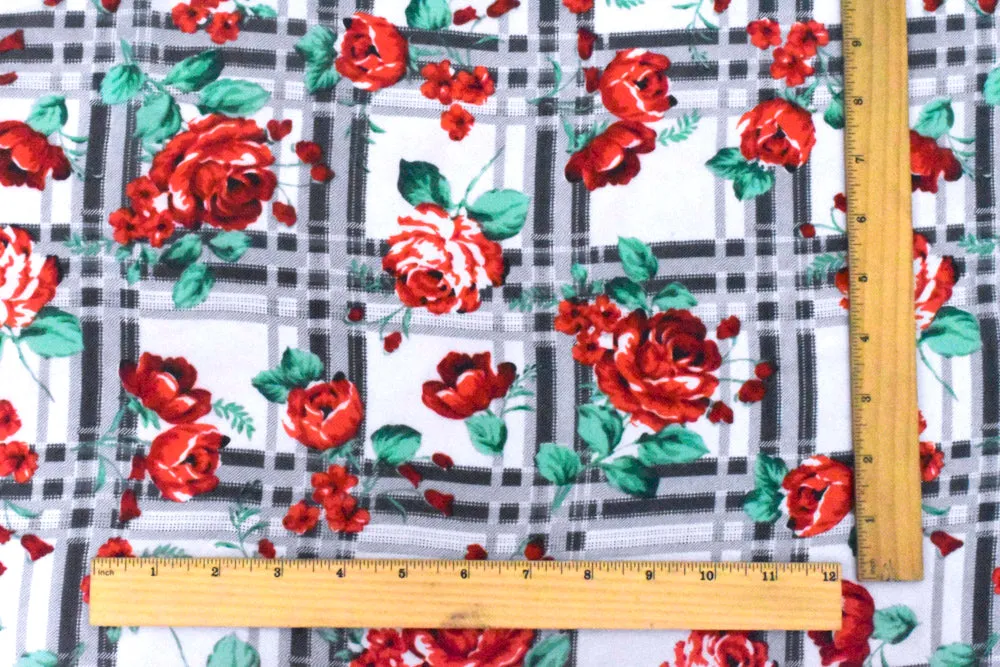 Red-Green-Multi Floral Plaid Printed Poly Chiffon Woven Fabric
