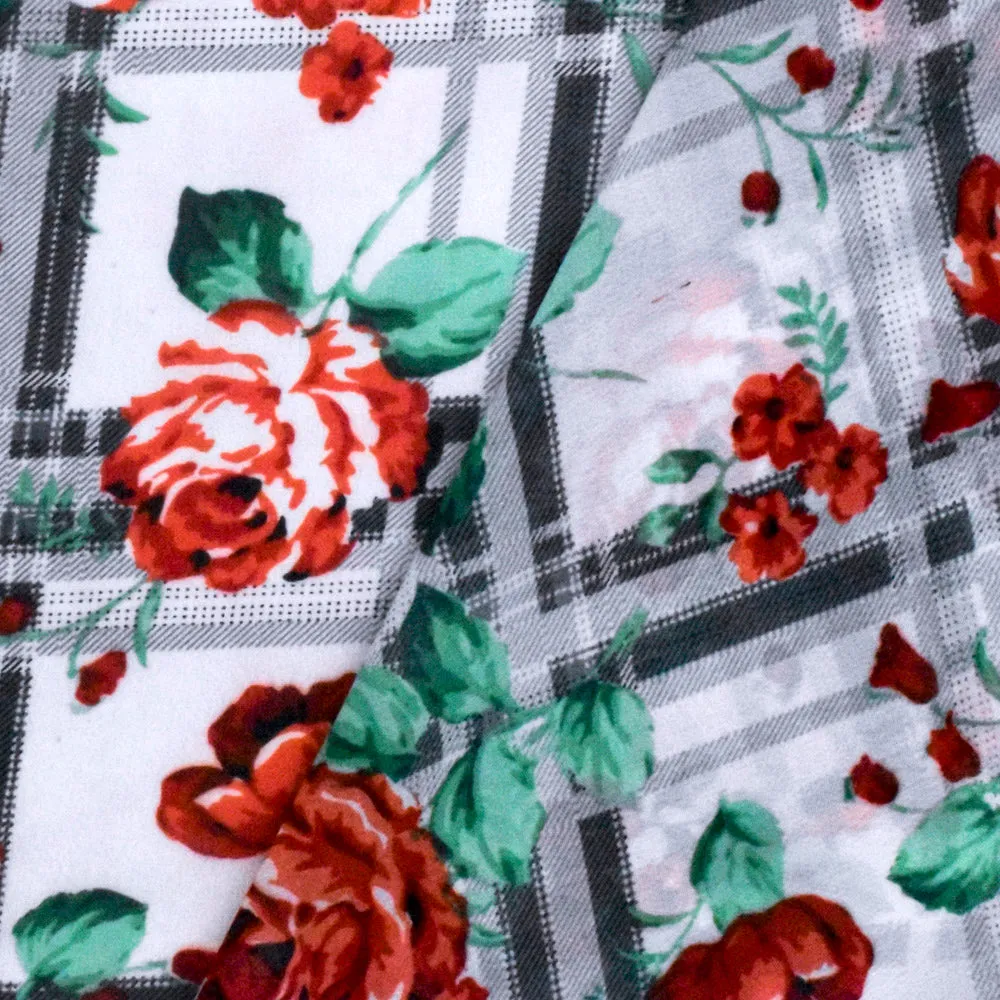 Red-Green-Multi Floral Plaid Printed Poly Chiffon Woven Fabric