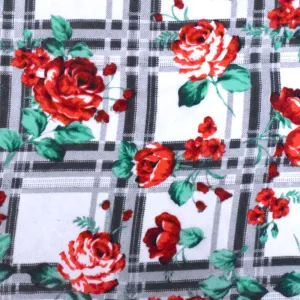 Red-Green-Multi Floral Plaid Printed Poly Chiffon Woven Fabric