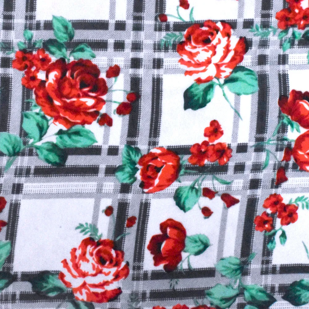 Red-Green-Multi Floral Plaid Printed Poly Chiffon Woven Fabric