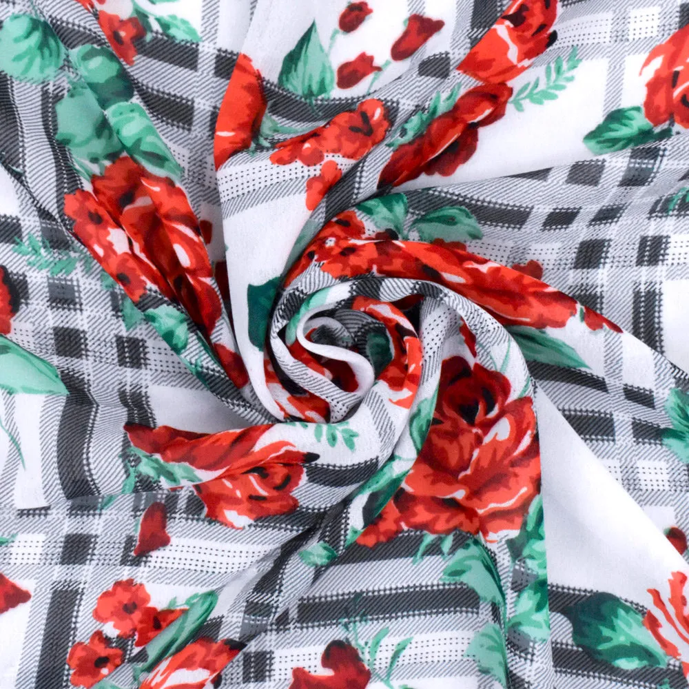 Red-Green-Multi Floral Plaid Printed Poly Chiffon Woven Fabric