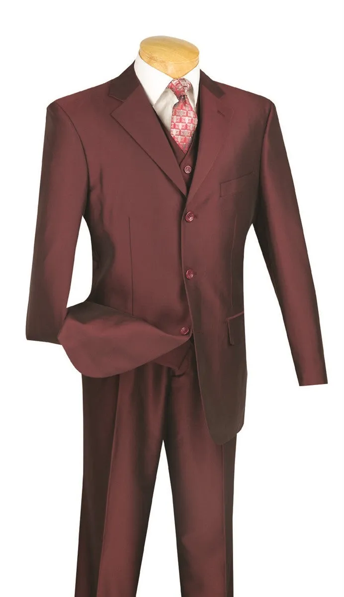 Regular Fit Dress Suit 3 Piece 3 Button Shiny Sharkskin in Burgundy