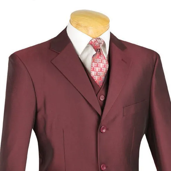 Regular Fit Dress Suit 3 Piece 3 Button Shiny Sharkskin in Burgundy