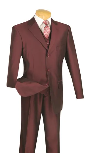 Regular Fit Dress Suit 3 Piece 3 Button Shiny Sharkskin in Burgundy
