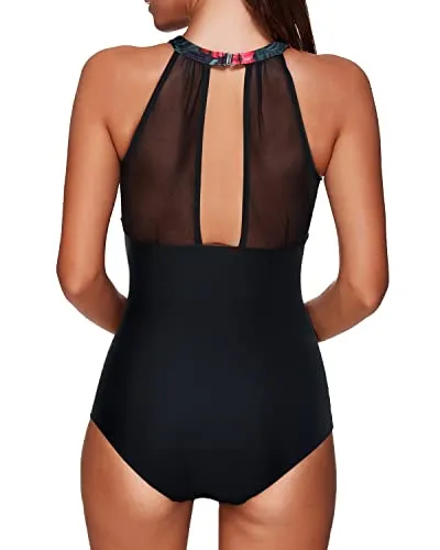 Ruched Tummy Control Halter High Neck Mesh One Piece Swimsuit-Black Floral