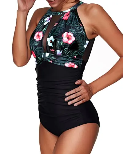 Ruched Tummy Control Halter High Neck Mesh One Piece Swimsuit-Black Floral