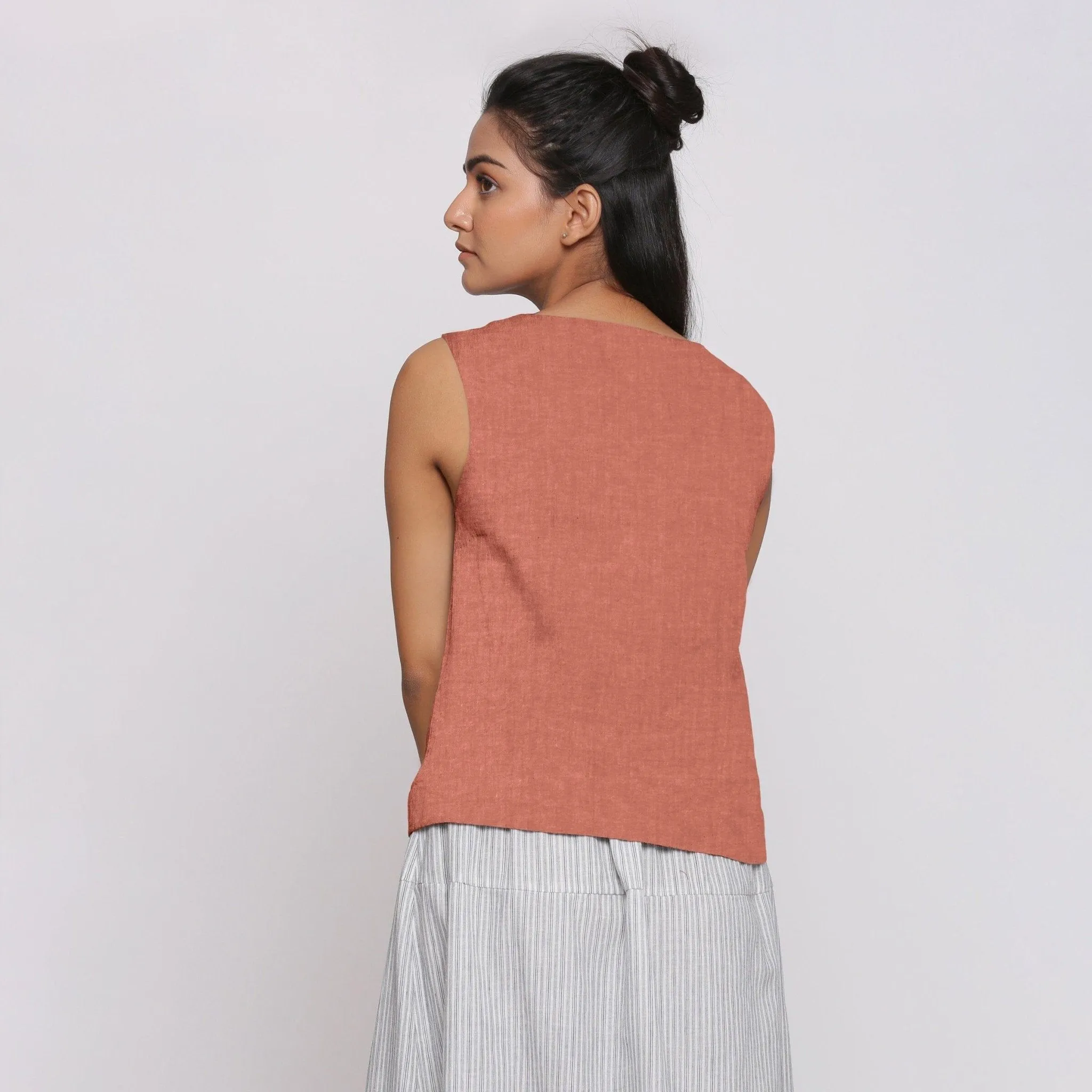 Rust Sandstone Linen Split Neck Button-Down Sleeveless Top