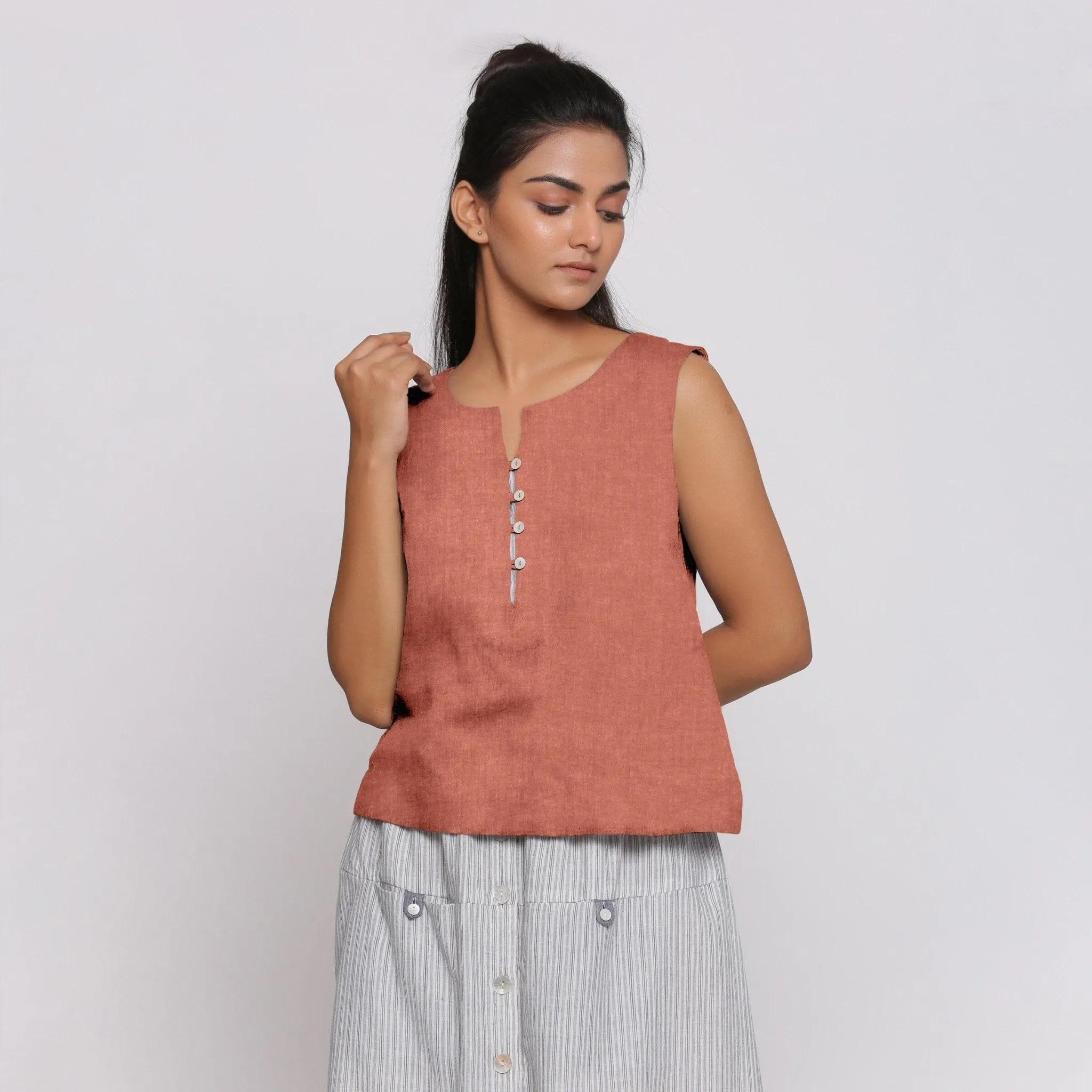 Rust Sandstone Linen Split Neck Button-Down Sleeveless Top