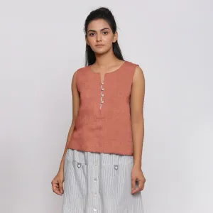 Rust Sandstone Linen Split Neck Button-Down Sleeveless Top