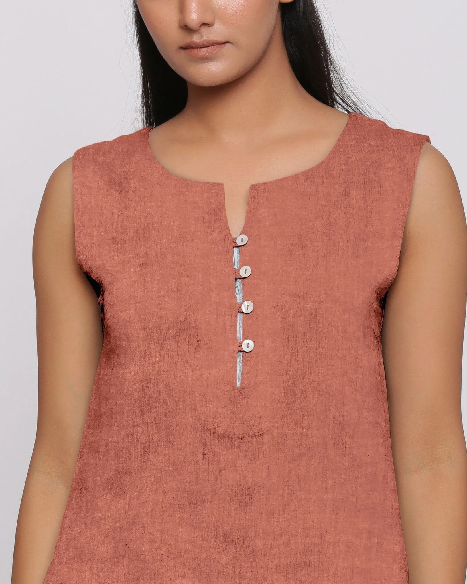 Rust Sandstone Linen Split Neck Button-Down Sleeveless Top