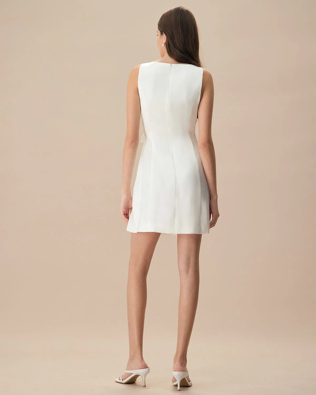 The White Boat Neck Bowknot Satin Mini Dress