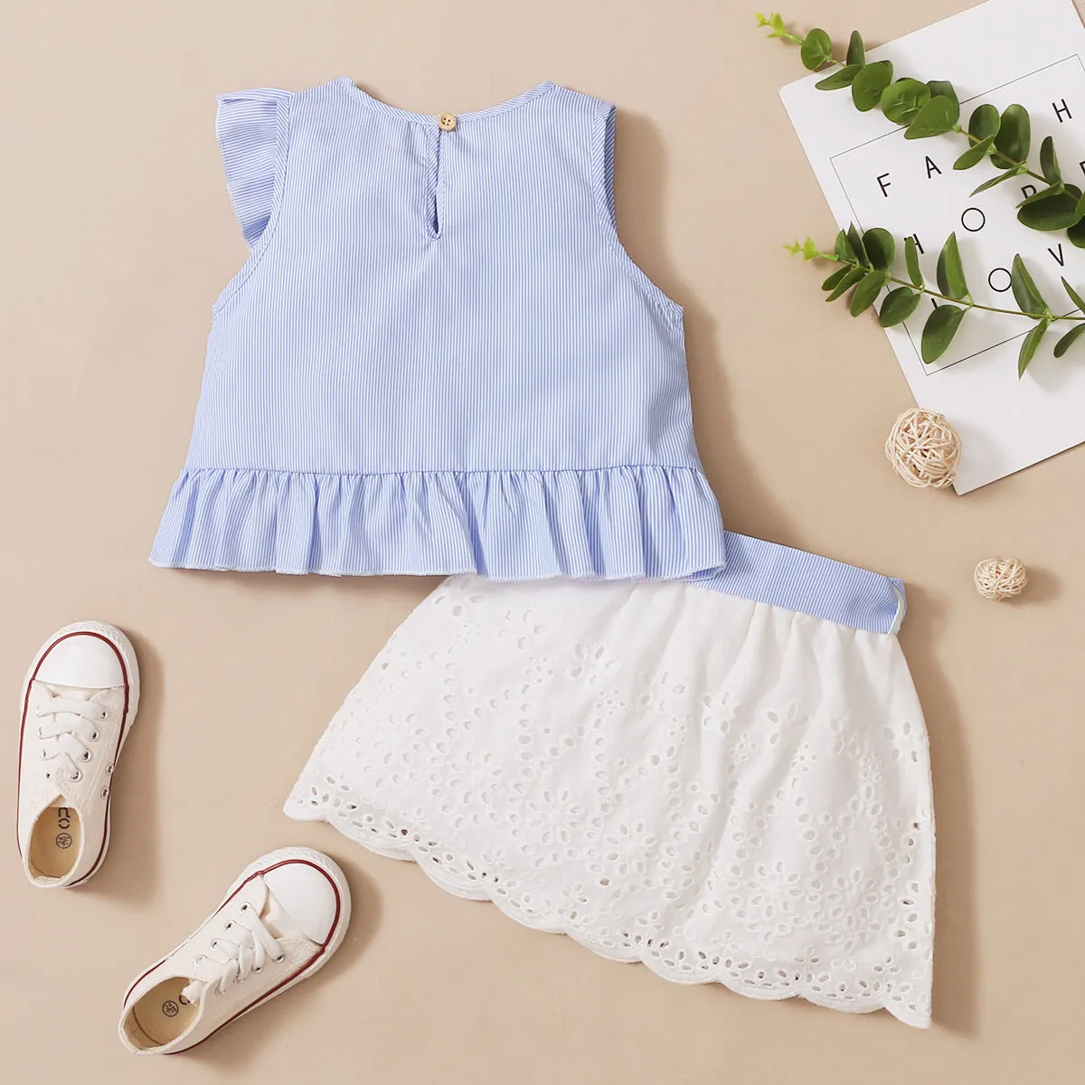 Trendy Toddler Girl Stripe Print Bowknot Ruffle Flounce Set
