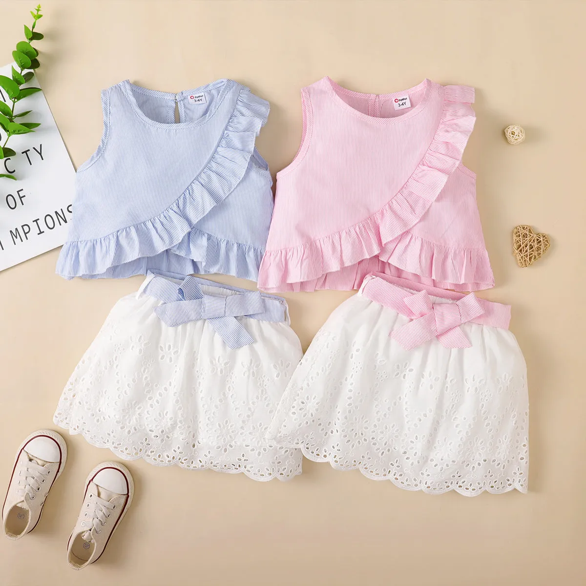 Trendy Toddler Girl Stripe Print Bowknot Ruffle Flounce Set