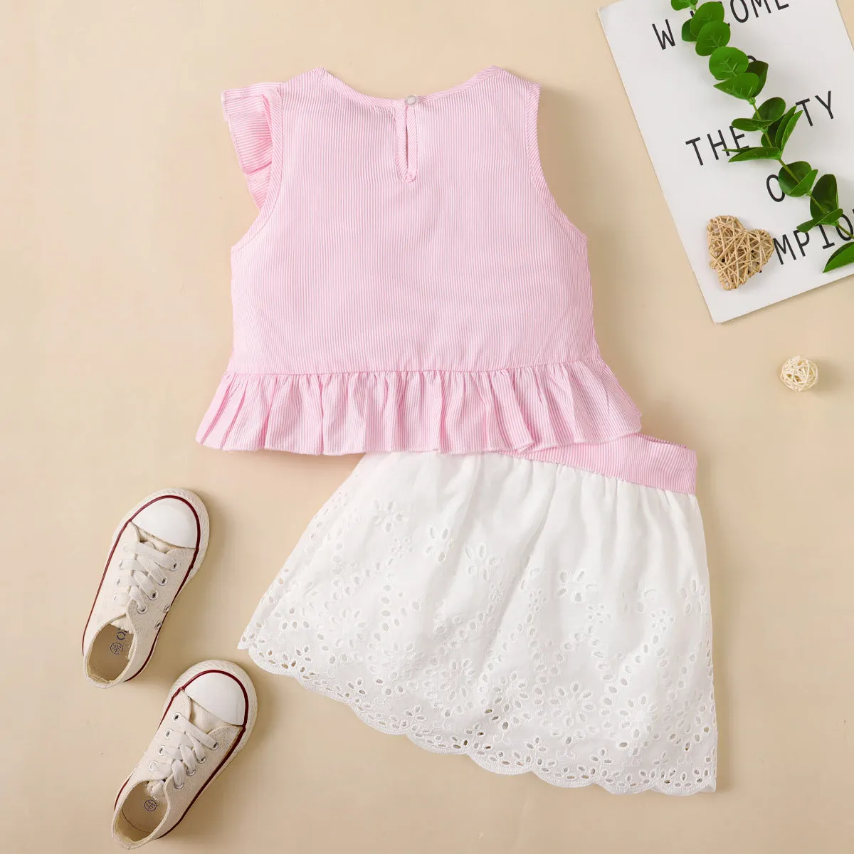 Trendy Toddler Girl Stripe Print Bowknot Ruffle Flounce Set