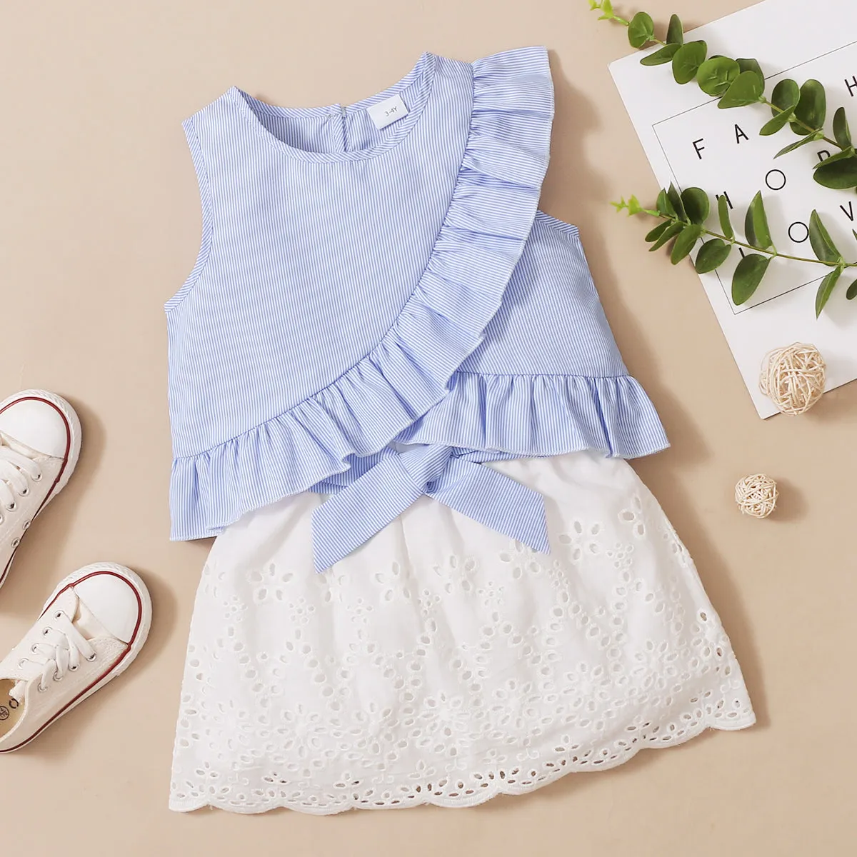 Trendy Toddler Girl Stripe Print Bowknot Ruffle Flounce Set