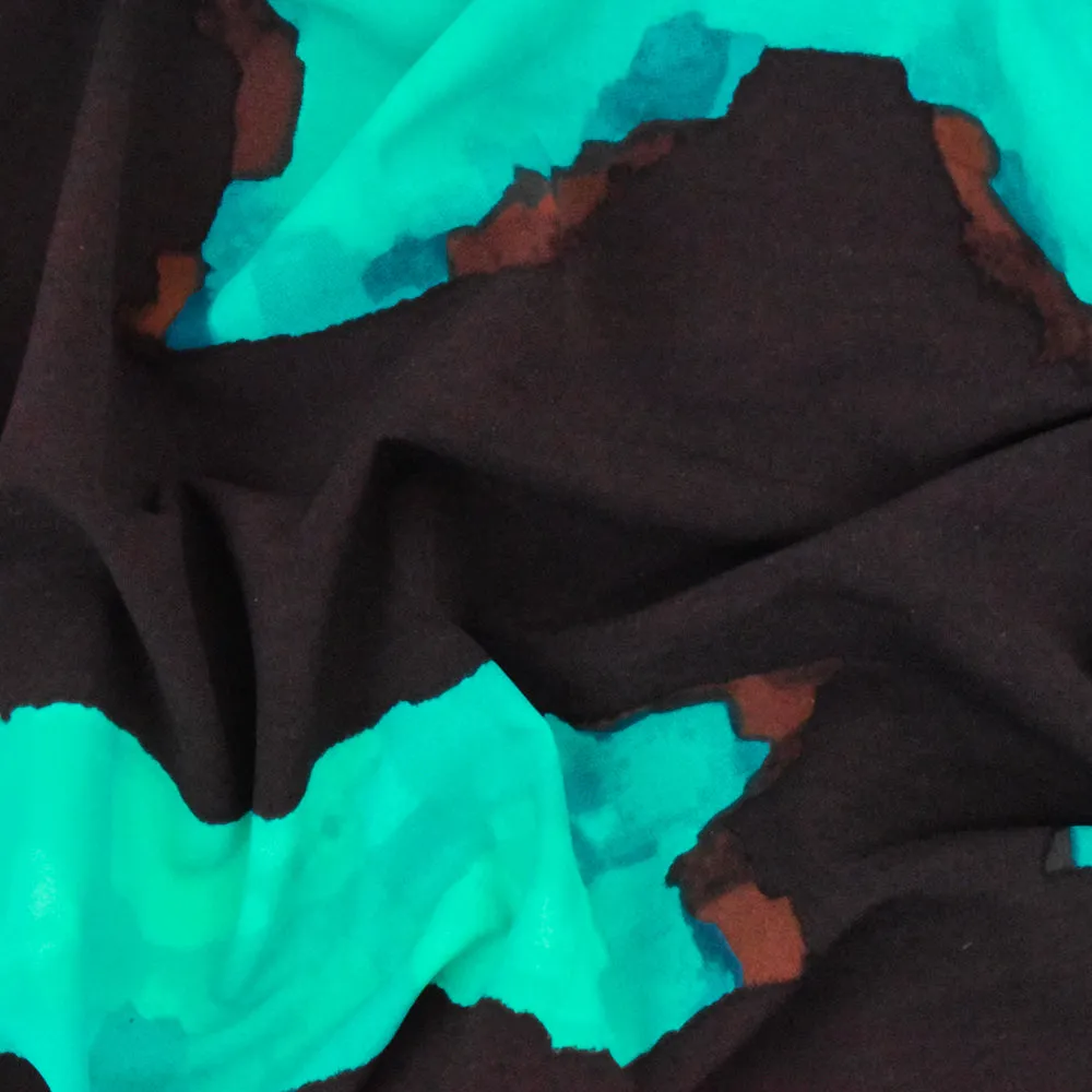 Turquoise-Black-Brown Abstract Printed Swimwear Stretch Tricot Knit Fabric