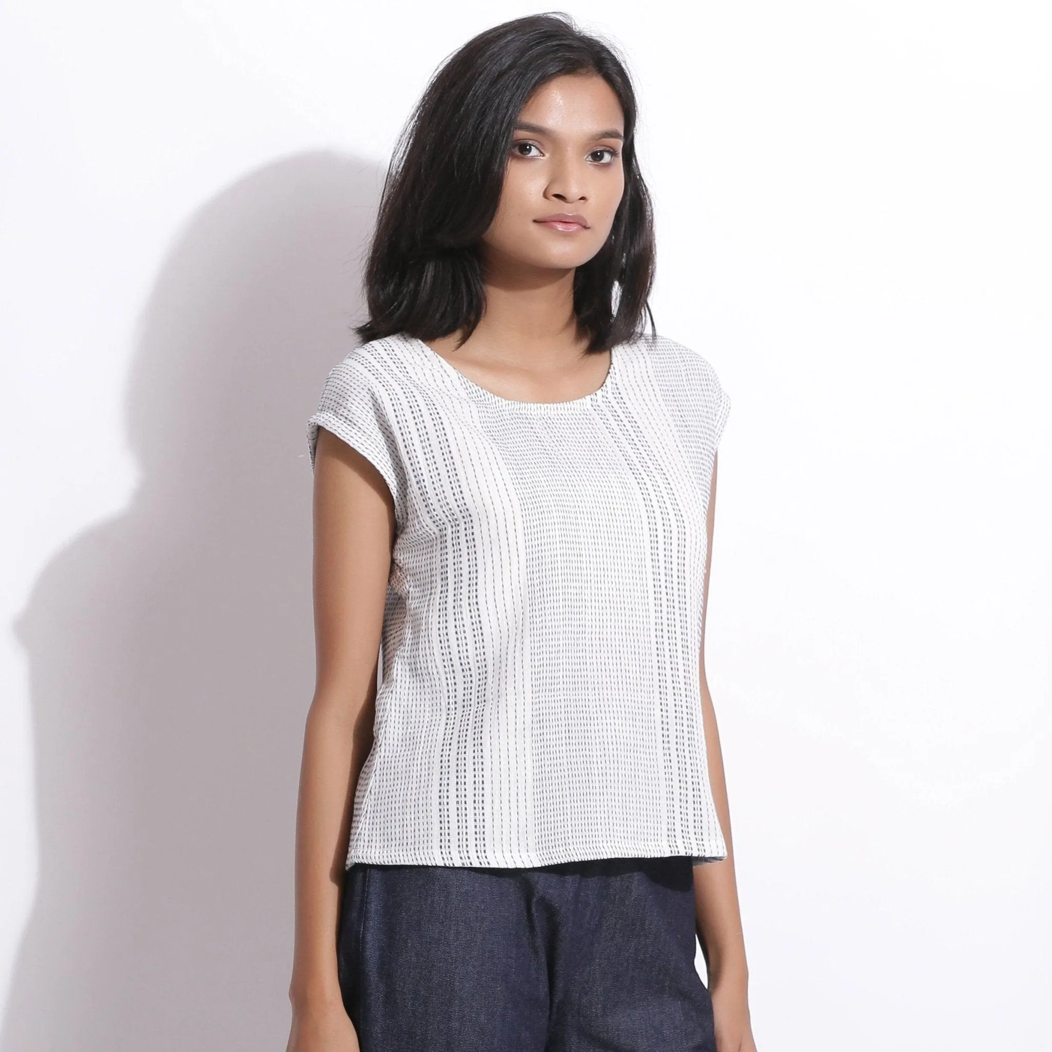 White Blue Striped Yarn Dyed Cotton Round Neck Top