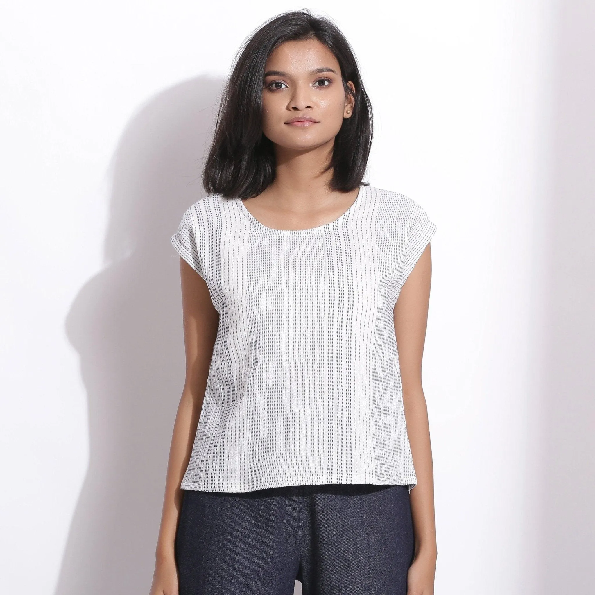 White Blue Striped Yarn Dyed Cotton Round Neck Top