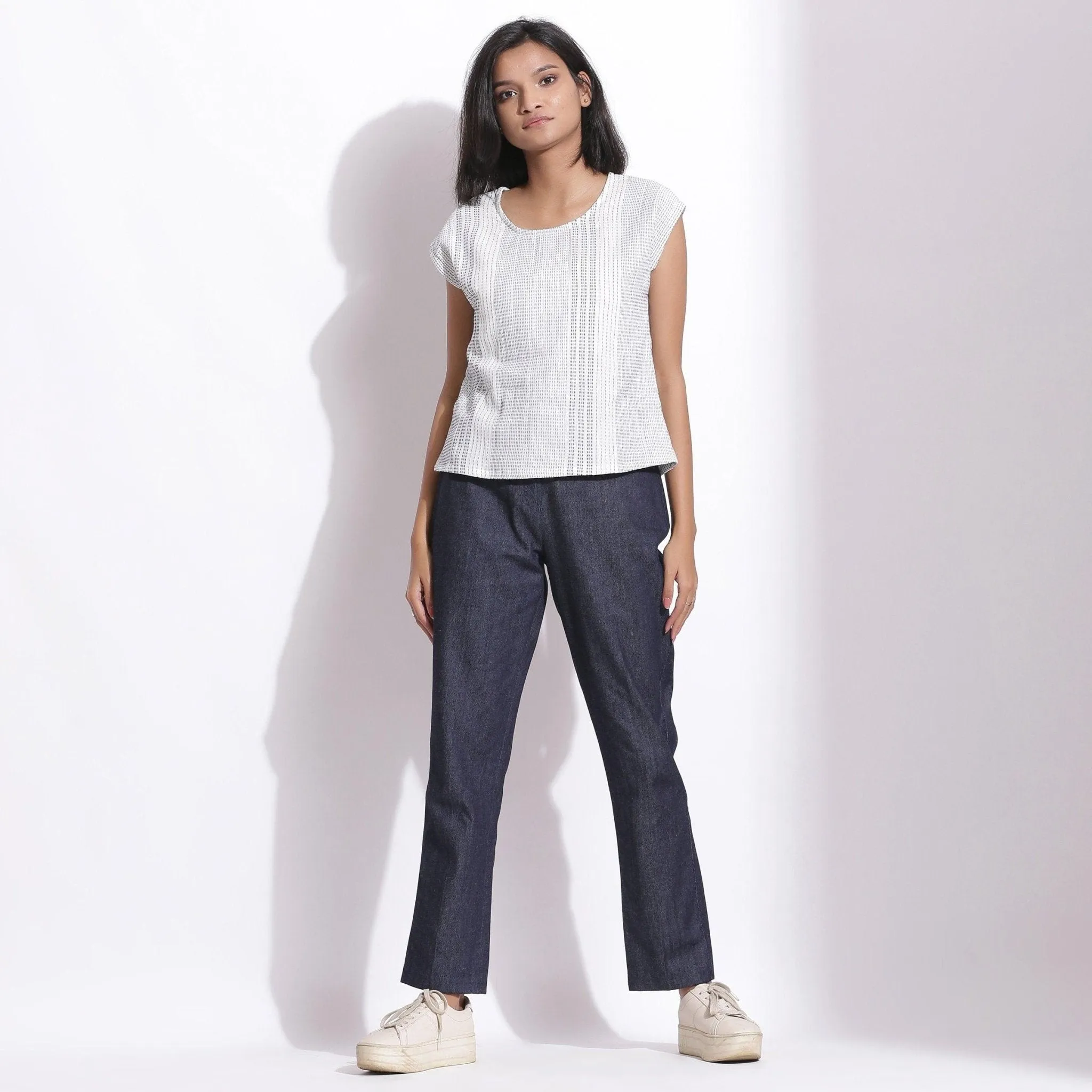 White Blue Striped Yarn Dyed Cotton Round Neck Top
